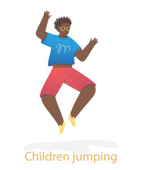 Fototapeta premium Cheerful child jumps. Little boy in yellow glasses having fun and rejoicing. Happy character with his hands up. Schoolboy or teenager. Cartoon flat vector illustration isolated on white background