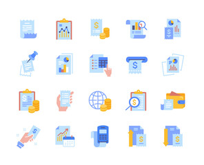 Financial report colorful set of icons. Bright stickers with wallet, tax form and profit statistics. Income and expenses. Budget accounting. Cartoon flat vector collection isolated on white background