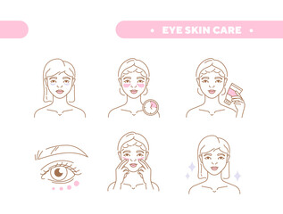 Eye Skin care concept. Cute girl gets rid of dark circles under her eyes with special cream. Daily beauty routine. Moisturizing and rejuvenation. Cartoon contemporary flat vector illustration