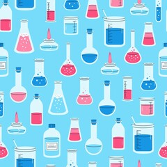 Seamless trendy pattern of laboratory equipment. Endless print with flask, test tube, chemical glassware. Design for wrapping paper, textile, background, vector illustration.