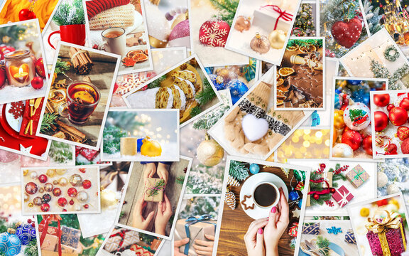 Collage with beautiful Christmas photos. Selective focus.