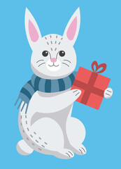 Cute gray bunny in a blue striped scarf holds red christmas gift in its paws. Cartoon vector illustration in flat style.