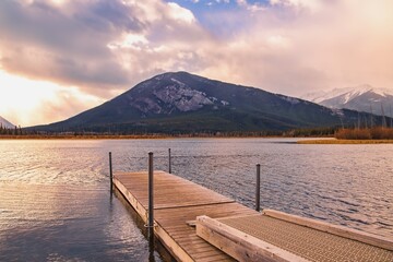 Pier On Vermilion Lakes On A Cloudy Fall Day