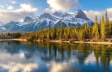 Long Exposure View Of Canmore Mountains And River