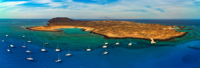 Panoramic aerial view of Isla de Lobos Fuerteventura Canary Island