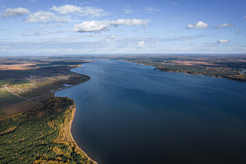 Vileika reservoir in autumn from a height. Vilejskaje, Belarus