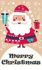 Christmas new year card 2022 with santa claus, snowflakes, gifts, with the inscription merry christmas