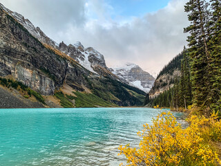 Snow capped moutains and glacier at Lake Louise in Banff National Park, Alberta