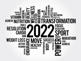 2022 health and sport goals word cloud, motivation concept background