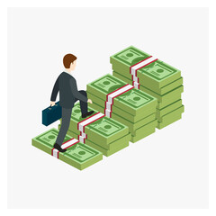 Wads of Money Businessman going upstairs Steps Levels vector illustration