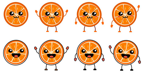 Cute kawaii style orange fruit icon - citrus cut in half, smiling. Version with hands raised, down and waving.