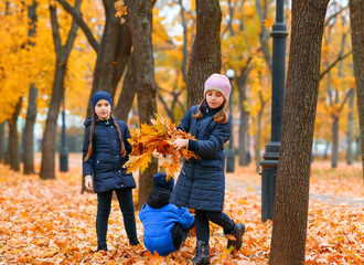 Children playing with yellow maple leaves in autumn city park. Fall season, beautiful nature.