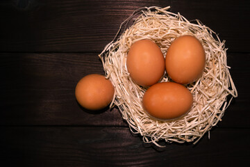 Easter brown eggs in the nest on a dark wooden background
