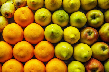 Oranges, pears, lemons and apples arranged nicely on street fruit market in Morocco