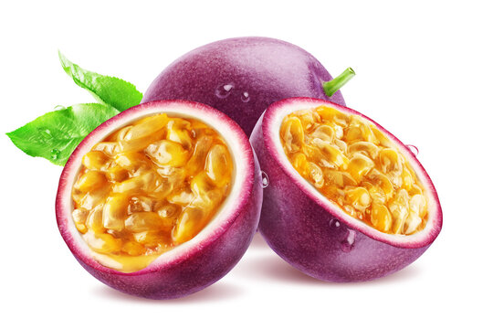 Ripe passionfruit whole and two halves with mixed pulp isolated on white background.