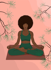 Beautiful african woman sitting in lotus position in green clothes