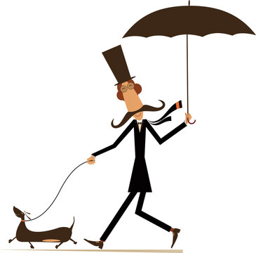 Funny long mustache with umbrella and dog illustration. Cartoon long mustache man in the top with umbrella walking with a dog isolated on white
