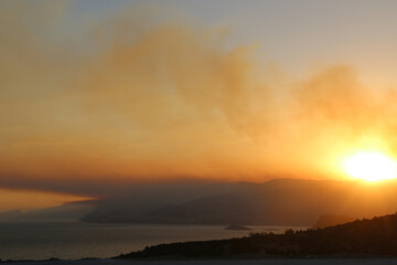 Fototapeta na wymiar Heavy clouds of smoke rise from a massive forest fire.