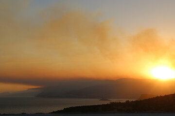 Heavy clouds of smoke rise from a massive forest fire.