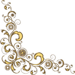 3D-image bright gold corner ornament with curls and leaves for ceiling decoration