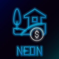 Glowing neon line House with dollar symbol icon isolated on black background. Home and money. Real estate concept. Colorful outline concept. Vector