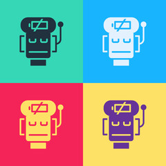 Pop art Robot low battery charge icon isolated on color background. Artificial intelligence, machine learning, cloud computing. Vector