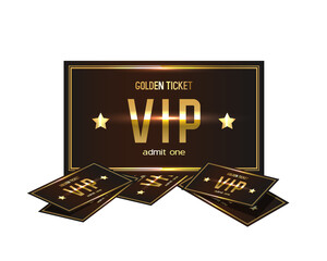 3d golden tickets. Three-dimensional VIP golden ticket with stars and the inscription "Admit one". Vector illustration.