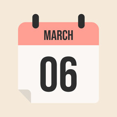 march 6, calendar page, day, month, year, pink calendar with white