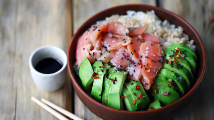 Selective focus. Poke bowl with salmon and avocado. Healthy food. Rice with avocado and fish. Sushi bowl.