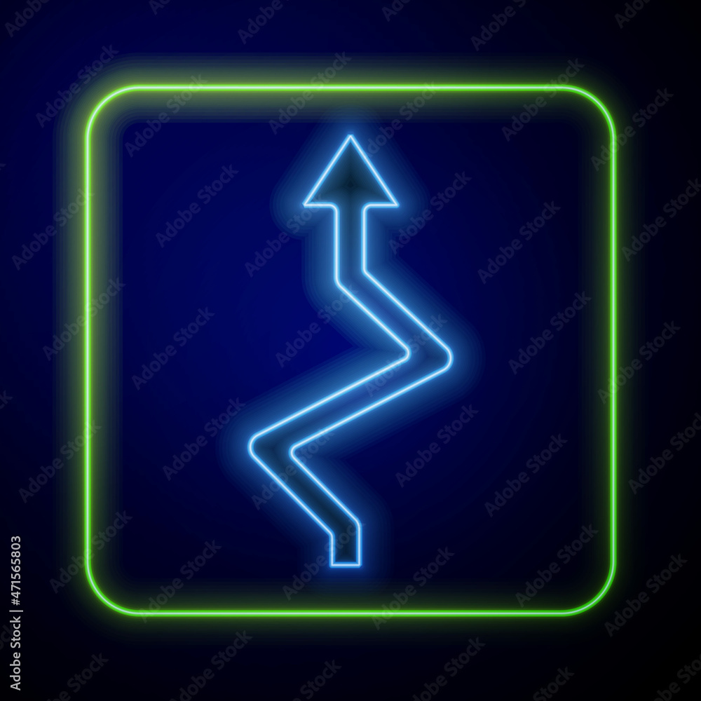 Poster glowing neon arrow icon isolated on blue background. direction arrowhead symbol. navigation pointer 