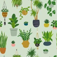 Seamless pattern with hand drawn houseplants. Urban jungle wallpaper design. Potted plants texture on dark green background. Handdrawn home jungle illustration for textile, wrapping paper, flower shop