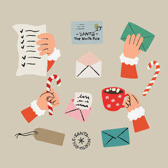 Set of hand drawn Christmas decorative elements. Cozy winter clipart: candy cane, mug with hot chocolate, gift tags, presents, letter for Santa Claus. Holiday sticker pack.