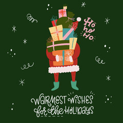 Warmest Wishes For The Holidays inscription. Winter scene with cute hand drawn Santa Claus holding a huge pile of presents. Holiday invitation, greeting card, social media post, print.