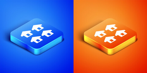 Isometric House icon isolated on blue and orange background. Real estate agency or cottage town elite class. Square button. Vector