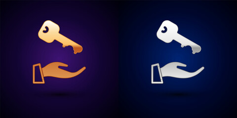 Gold and silver House key icon isolated on black background. Vector