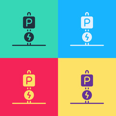 Pop art Charging parking electric car icon isolated on color background. Vector