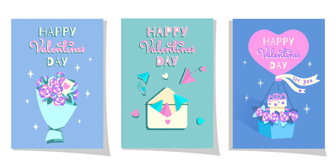 Happy Valentine's day card. Set of Vector illustration in cartoon flat style. Design for invitation, Postcard, Greeting card, flyer. Celebration concept. 