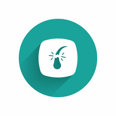 White Broken hair follicle icon isolated with long shadow background. Hair care treatment. Green circle button. Vector