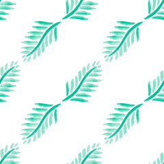 Fototapeta na wymiar Seamless pattern with hand-drawn watercolor green branches with leaves on white. Summer, spring season. Organic, natural, freshness concept for textile, print, etc.