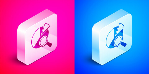 Isometric Magnifying glass and data analysis icon isolated on pink and blue background. Search sign. Silver square button. Vector