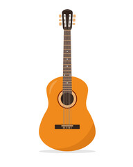 Acoustic Guitar icon. Wooden stringed musical instrument guitar with six strings isolated on white background. Vector illustration in flat or cartoon style.