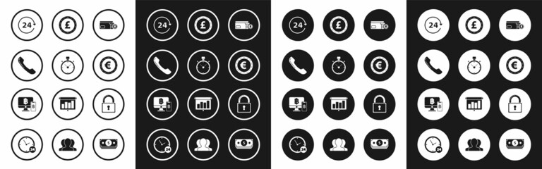 Set Envelope with coin dollar symbol, Stopwatch, Telephone handset, Clock 24 hours, Coin money euro, pound sterling, Lock and Computer monitor mobile bitcoin icon. Vector