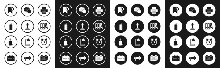 Set Printer, Stamp, USB flash drive, Bookmark, Office folders with papers and documents, World map made from speech bubble, Alarm clock dollar symbol and Cup of tea leaf icon. Vector