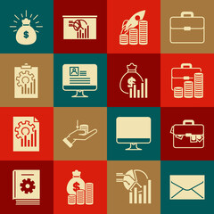 Set Envelope, Briefcase and money, coin, Rocket flying up coins growth chart, Computer monitor with resume, Clipboard graph, Money bag and diagram icon. Vector