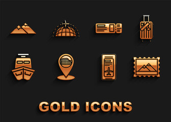 Obraz premium Set Map pointer with Coliseum in Rome, Suitcase for travel and stickers, Postal stamp Mountains, Smartphone electronic boarding pass airline ticket, Ship, Travel, and Globe flying plane icon. Vector