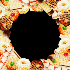 watercolor hand drawn circle of pastries illustration