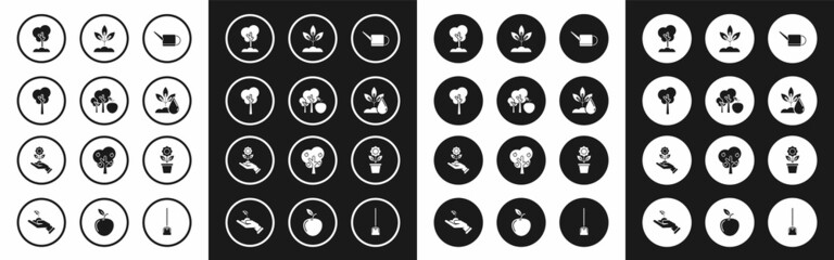 Set Watering can, Tree with apple, the ground, plant, Plant, Flower pot and Hand holding flower icon. Vector