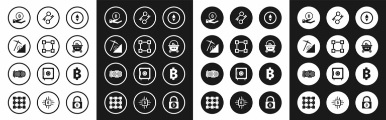 Set Cryptocurrency coin Ethereum ETH, Blockchain technology, cloud mining, Hand holding Bitcoin, Shopping basket with bitcoin, key, and Mining farm icon. Vector