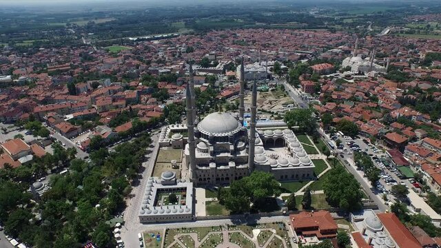 Selimiye Mosque in the foreground and the city of Edirne in the background with drone