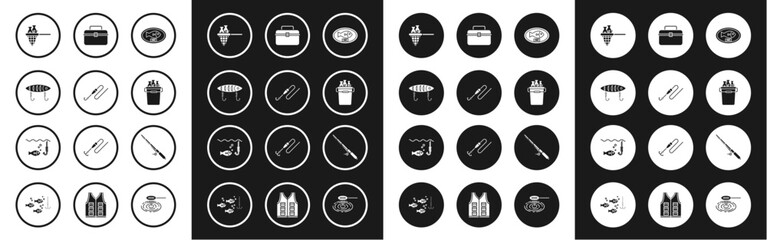 Fototapeta premium Set Fish trophy hanging on the board, Fishing line with hook and float, lure, net fish, bucket fishes, Case or box container for wobbler gear fishing equipment, rod and under water icon. Vector